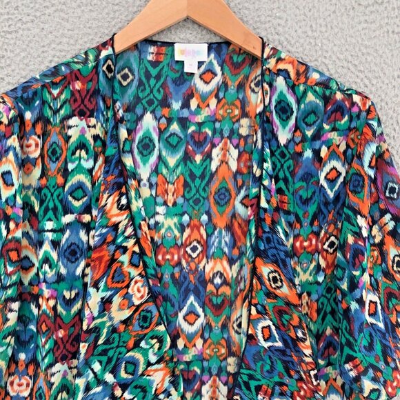 LuLaRoe Top Womens Medium Shirley Blue Multi Ikat Tribal Kimono Open Waterfall - Picture 2 of 9